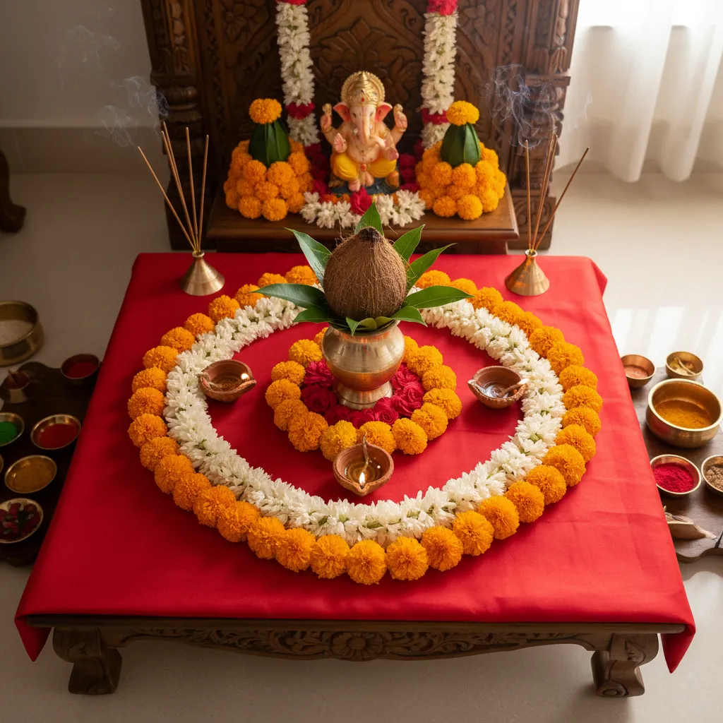 organized Ganesh pooja altar layout with kalash coconut flowers and diya