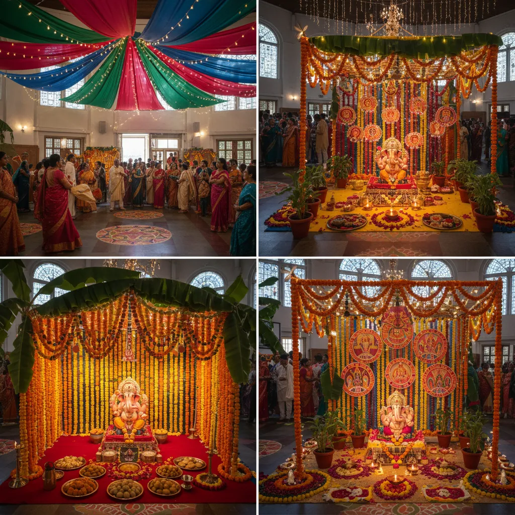 Different Ganesh pooja decorations and offerings from various regions