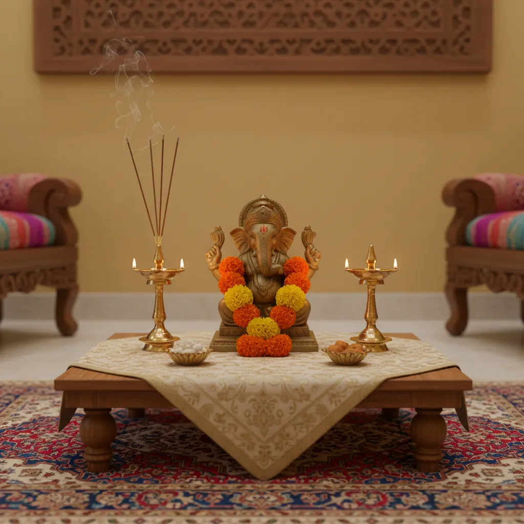 Home Ganesh pooja altar with idol flowers and lamps