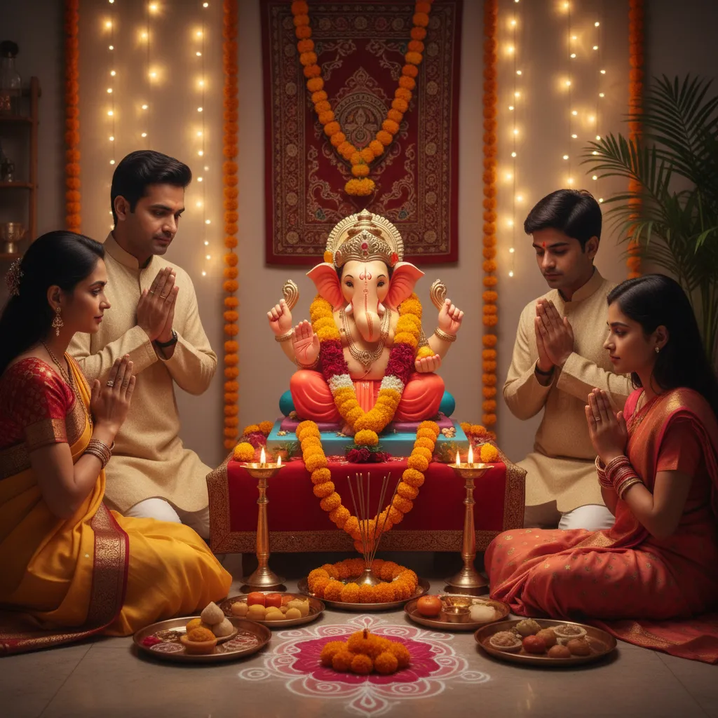 Family performing Ganesh pooja at home with diya and prayers