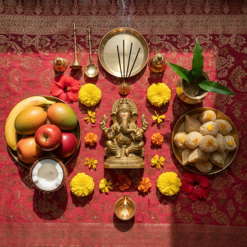 complete Ganesh pooja items checklist displayed with idol flowers fruits and utensils