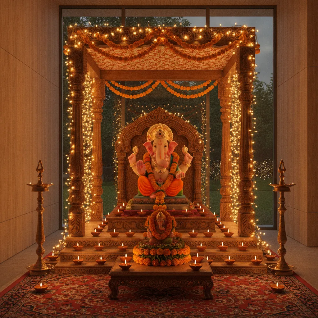 Ganesh pooja mandap with warm fairy lights and diyas