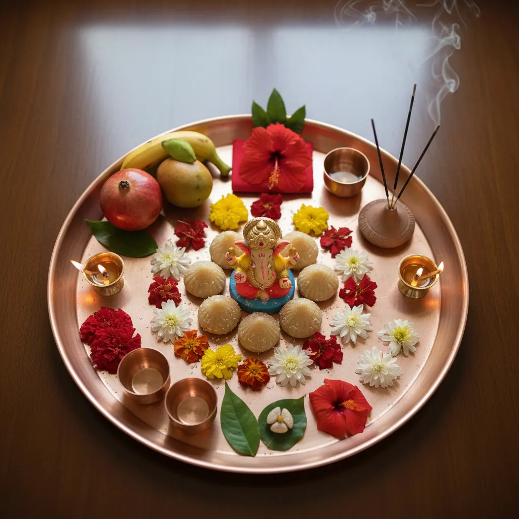 Ganesh pooja ritual materials including modak flowers and diya