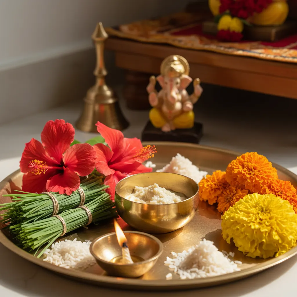 durva grass marigold flowers and hibiscus offerings for Ganesh pooja