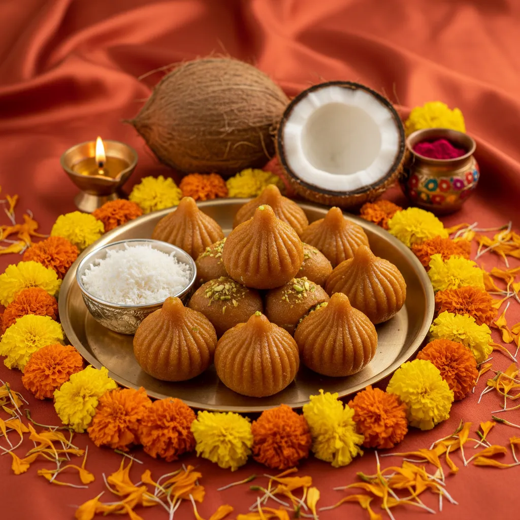 Traditional Ganesh pooja offerings with flowers modak and diya