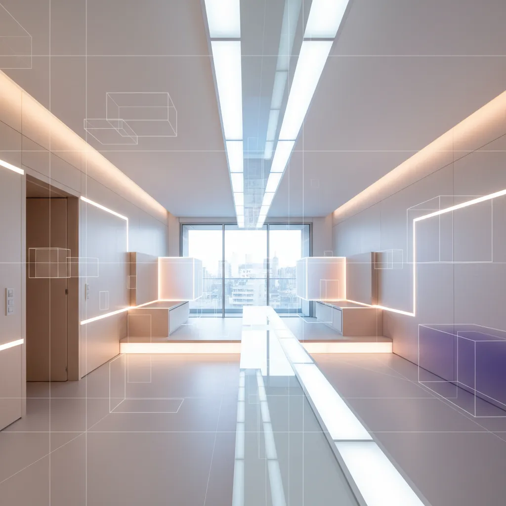 Modern white room layout with long ceiling lights and digital design drawings over the interior