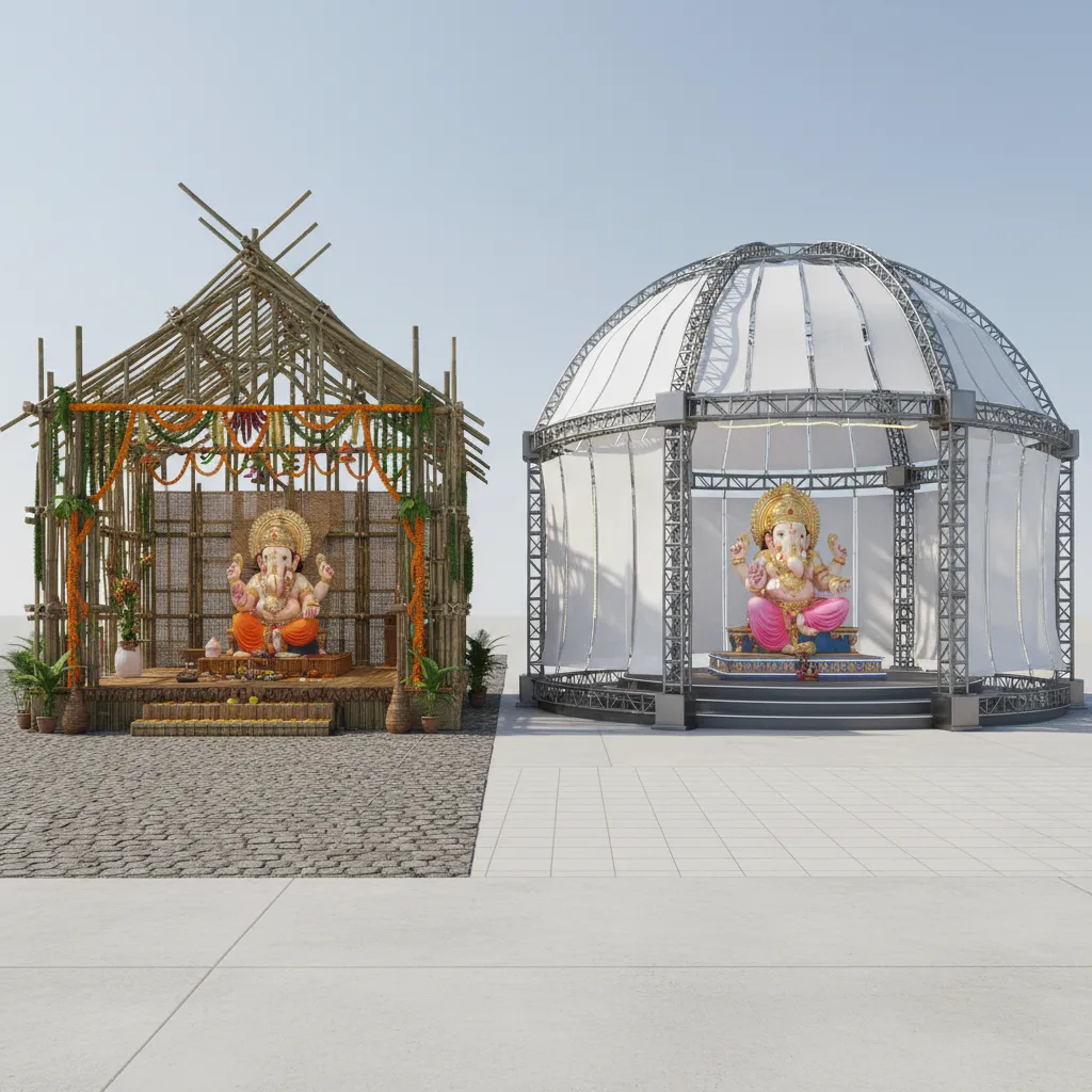 Diagram style layout comparing small bamboo pandal and large steel pandal structure