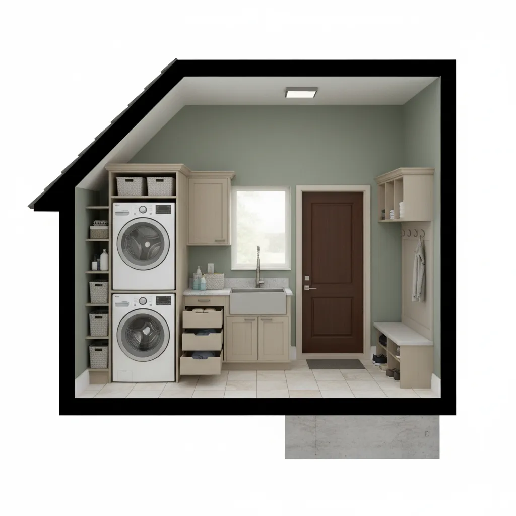 laundry room located next to garage entry door showing potential tornado structural risk