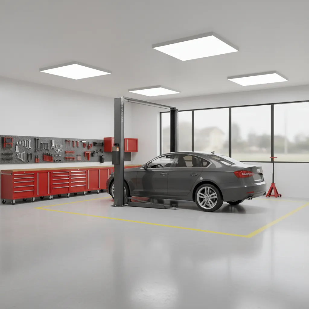 auto repair layout inside a 900 sq ft garage with vehicle bay and tool stations