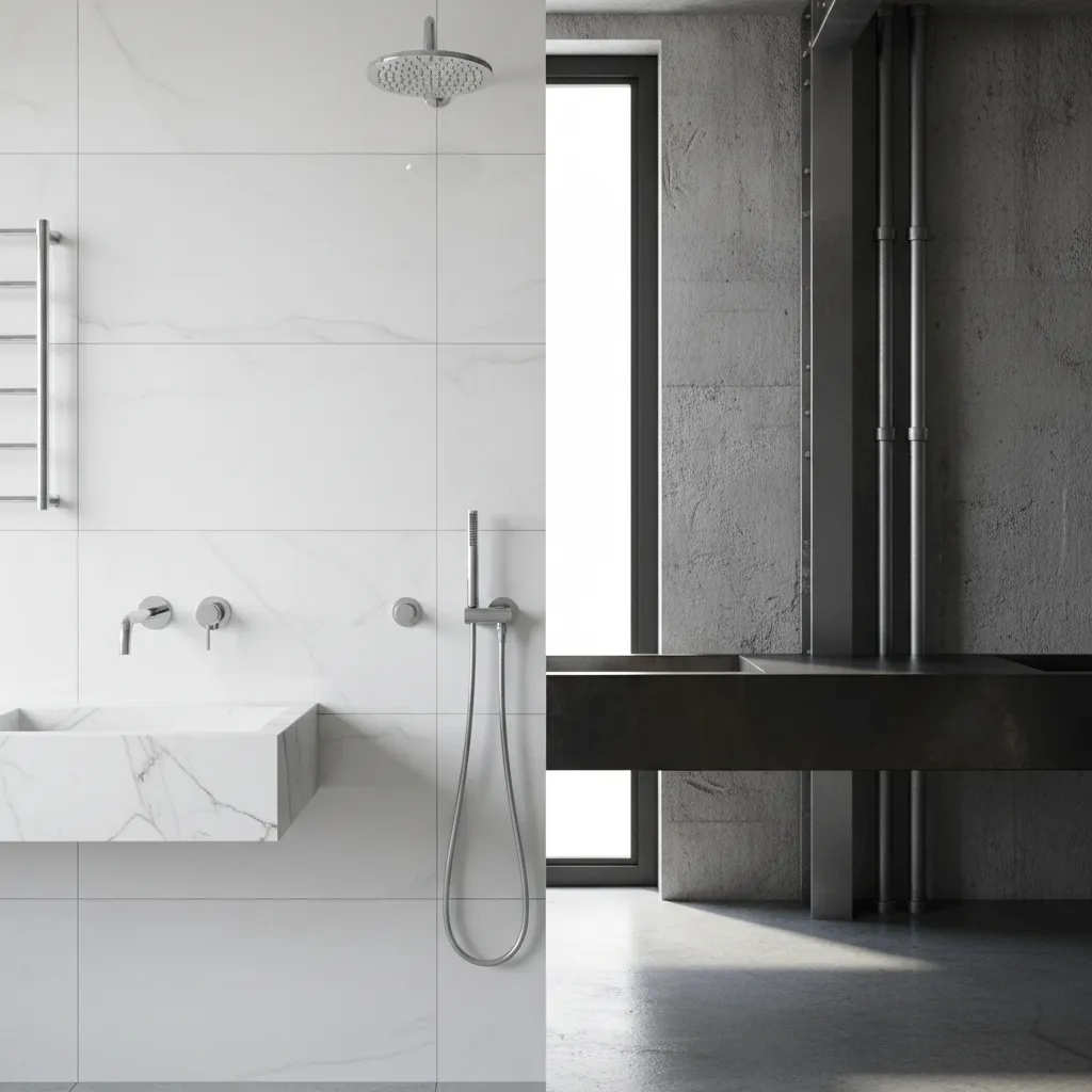 comparison of glossy chrome hot rod bathroom materials and matte industrial concrete finishes