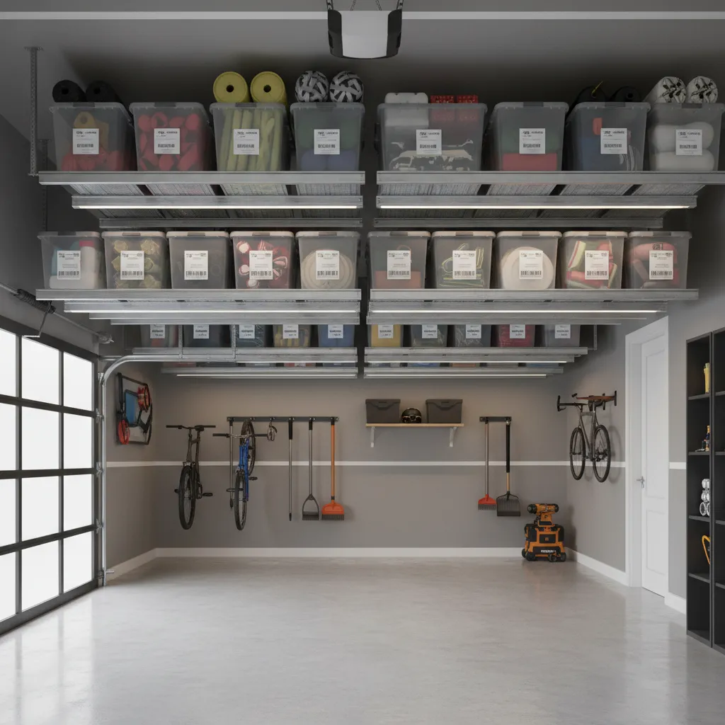 garage ceiling racks storing bins and seasonal items