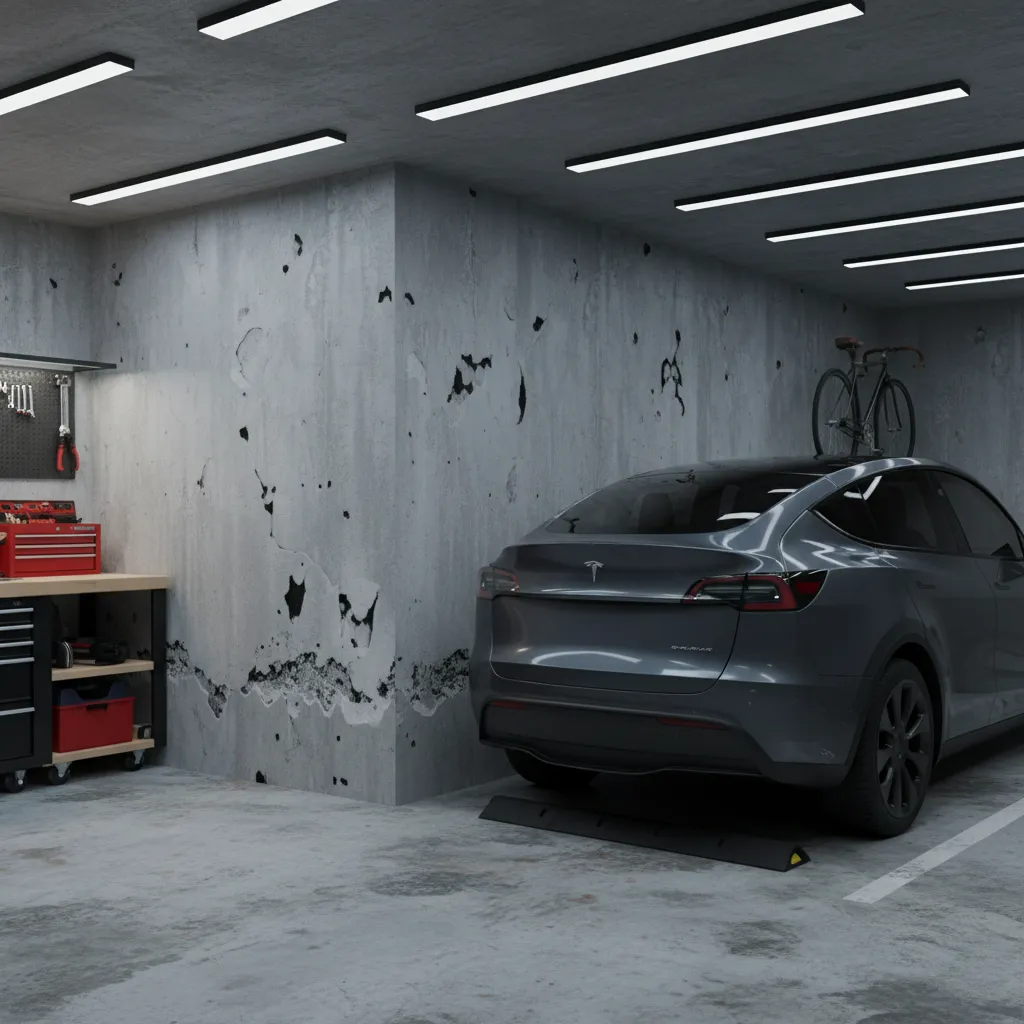 Garage corner wall showing impact damage from vehicle bumper