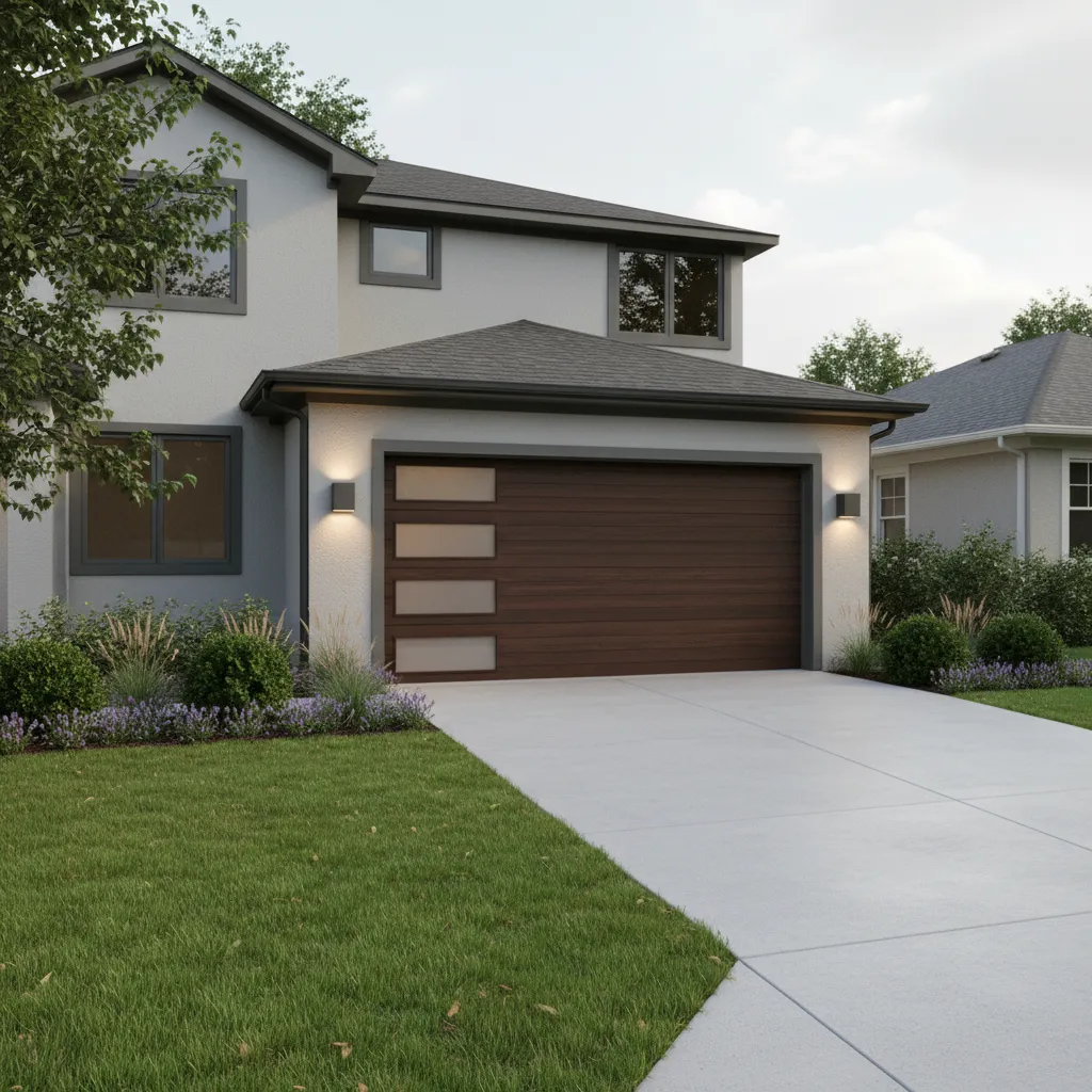 Suburban home garage exterior with improved curb appeal through paint lighting and landscaping