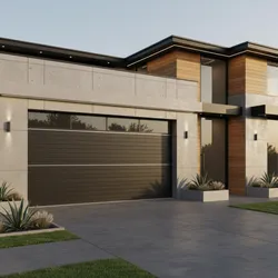 Modern house dark garage door wood wall panels large windows and bright outdoor wall lights