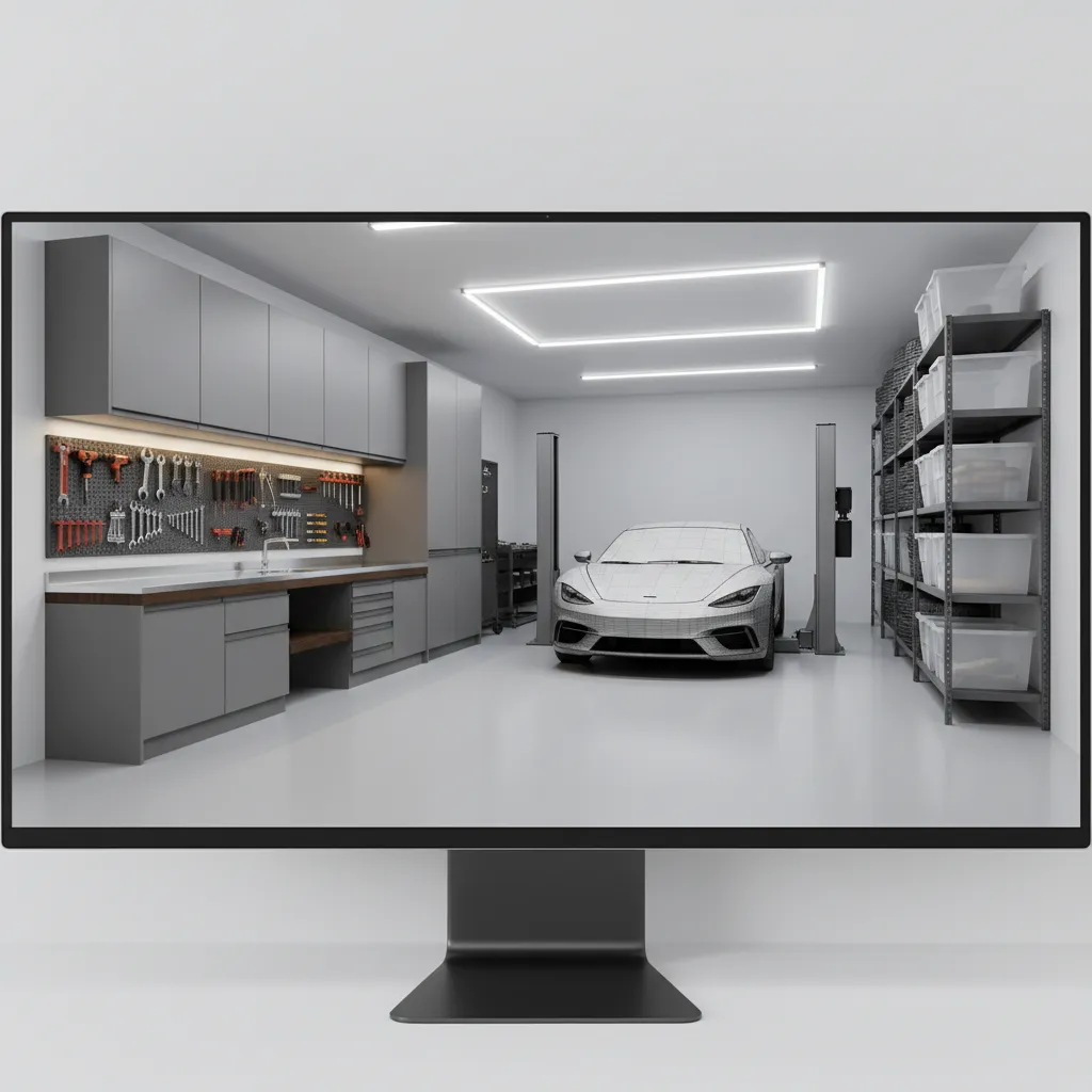 3D digital garage layout created with interior design software showing cabinets and storage walls