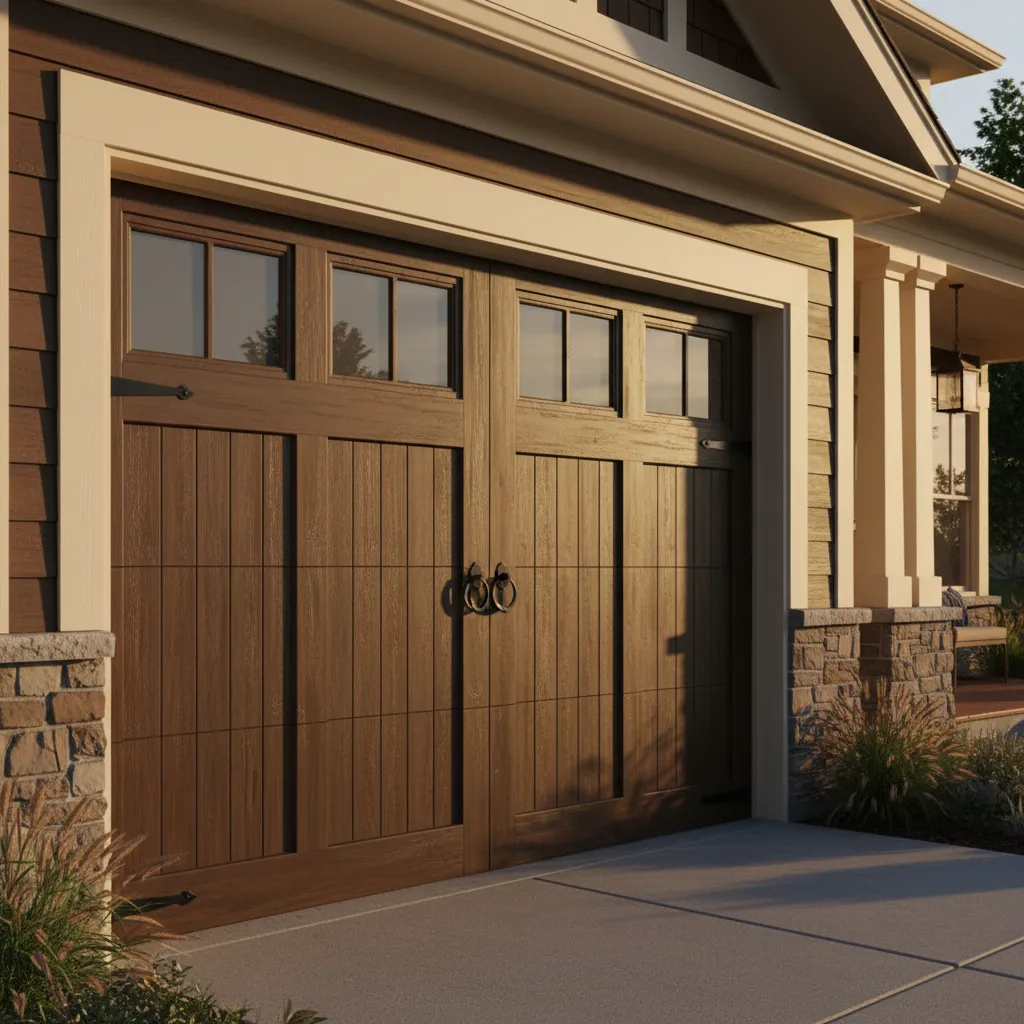 Detailed view of garage door design with windows and exterior trim