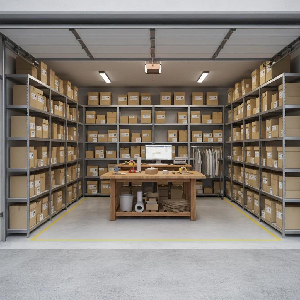garage converted into e commerce storage and packing workspace with shelving