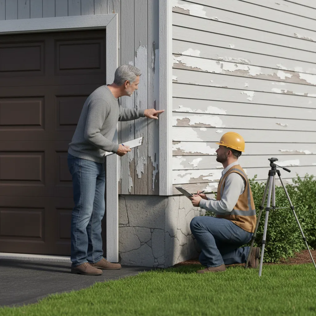 Homeowner inspecting cracked and peeling garage siding