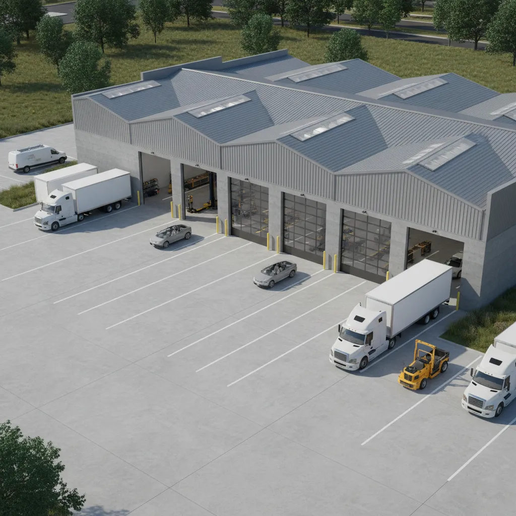 Commercial garage exterior layout with multiple service bay doors and vehicle circulation