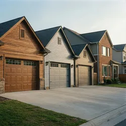 Suburban houses showing different garage door styles and exterior wall materials along a concrete driveway