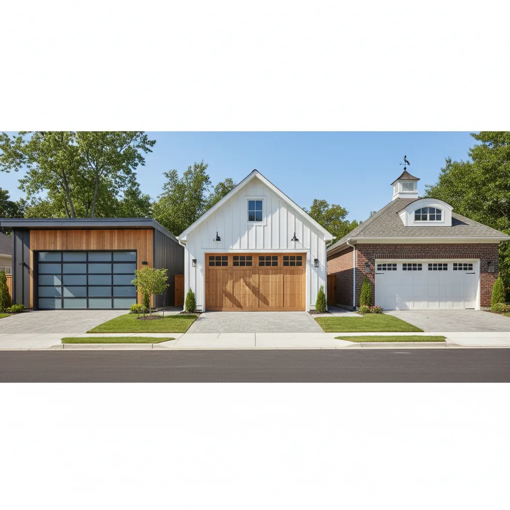 Different garage exterior styles including modern, farmhouse, and traditional designs