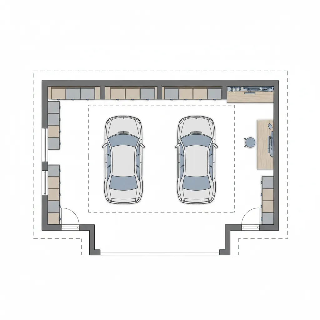 2D garage floor plan layout showing parking space storage cabinets and workbench zones
