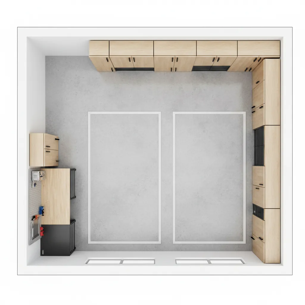 garage floor plan layout showing parking space cabinets and workbench zones