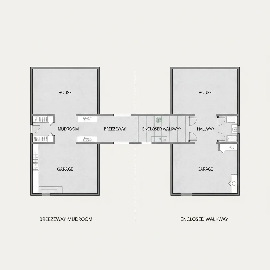 Simple floor plan diagram showing breezeway mudroom and enclosed walkway layouts