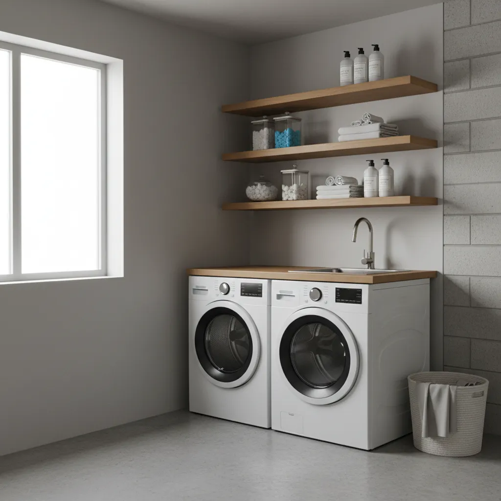 Small garage corner converted into a functional laundry area with washer dryer