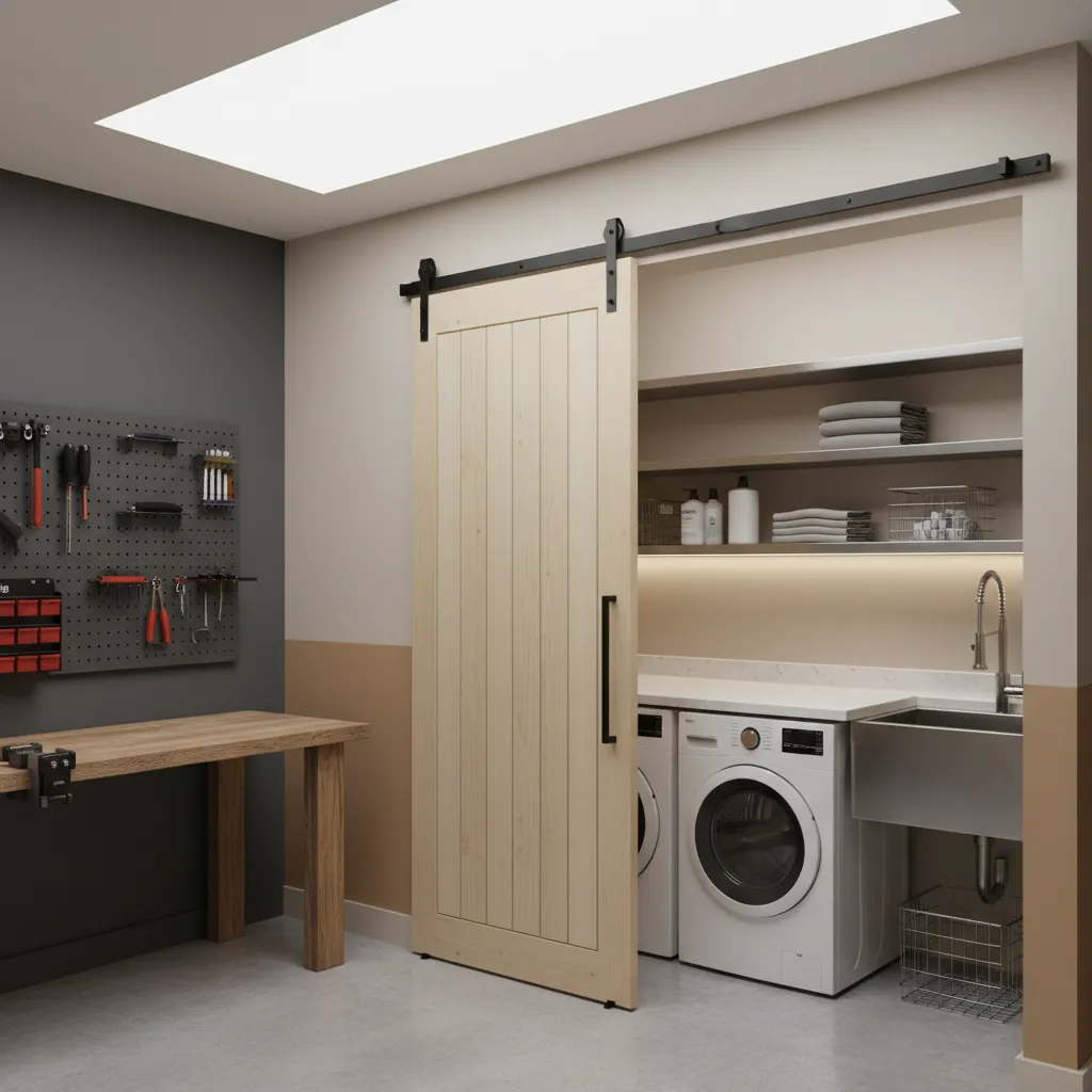 Garage laundry area separated by sliding door partition