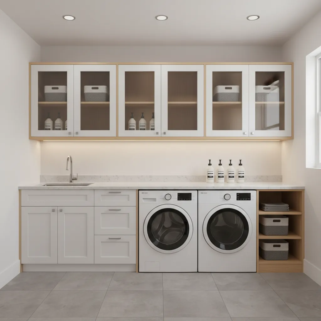 Garage laundry storage cabinets and shelves above washing machines