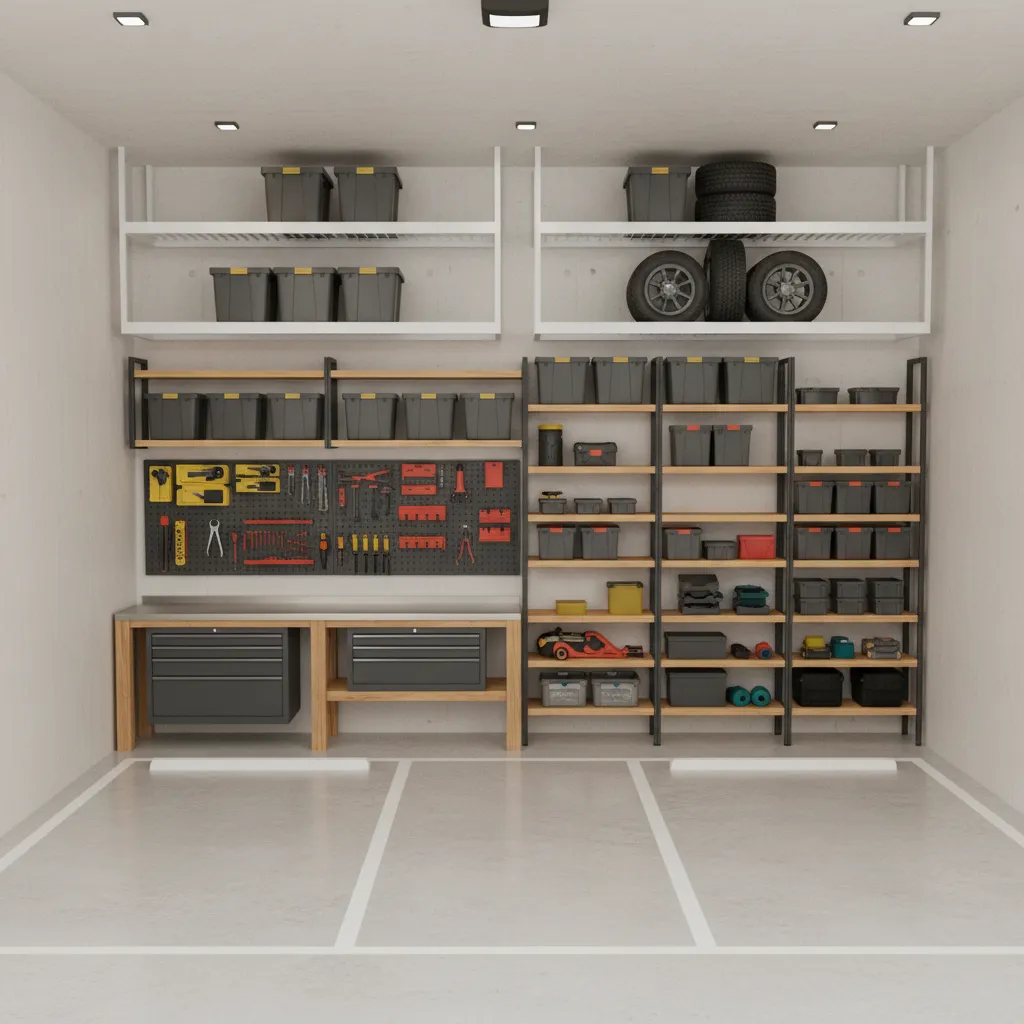 3D garage layout plan with storage shelves and vehicle space