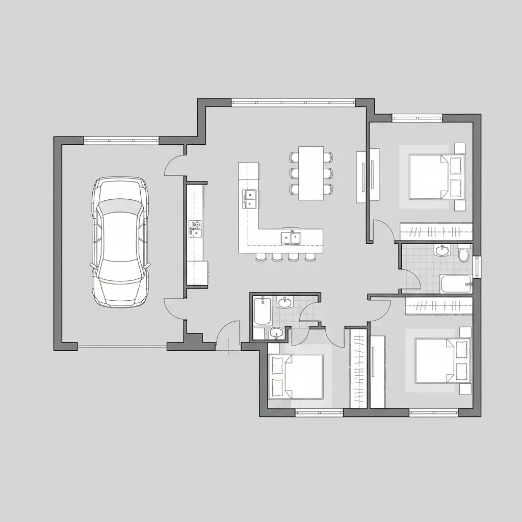Top down house floor plan showing one car garage and three bedrooms with kitchen dining area