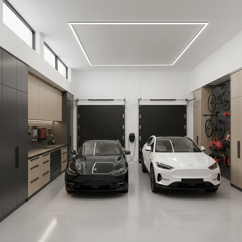 Interior de garaje moderno con dos coches y espacio amplio de circulación