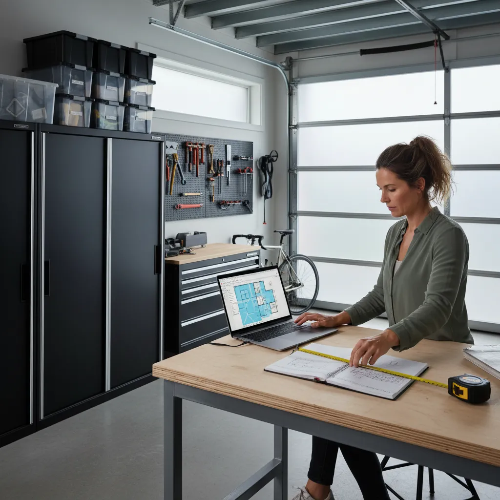 homeowner planning garage layout on laptop with floor plan design software
