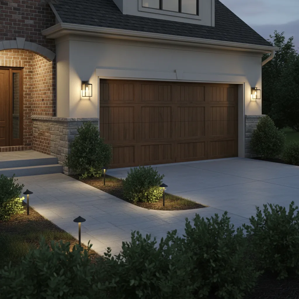 Garage exterior with wall sconces landscaping and illuminated driveway at dusk