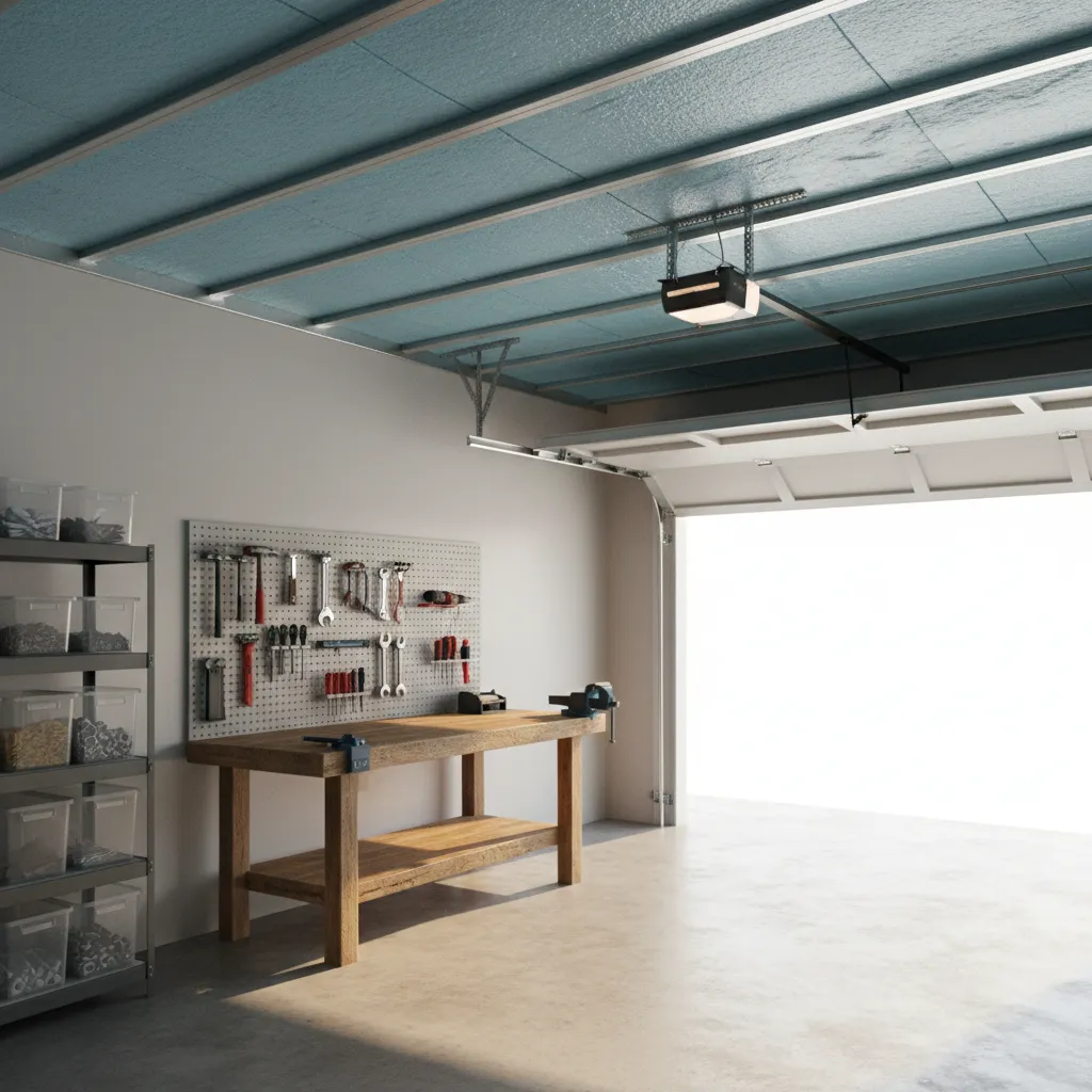 garage interior with rigid foam insulation installed between metal roof rafters