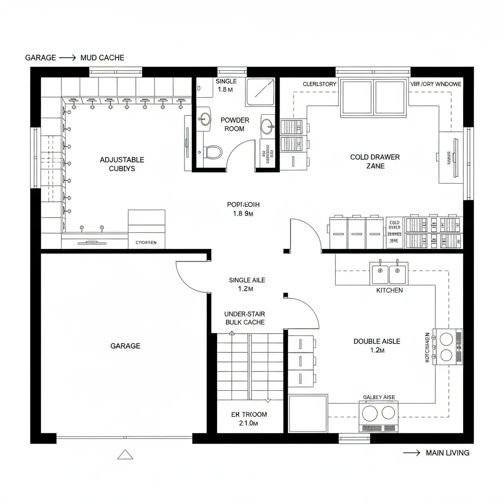Detailed 2D floor plan showing a garage kitchen powder room and adjustable storage cubbies layout