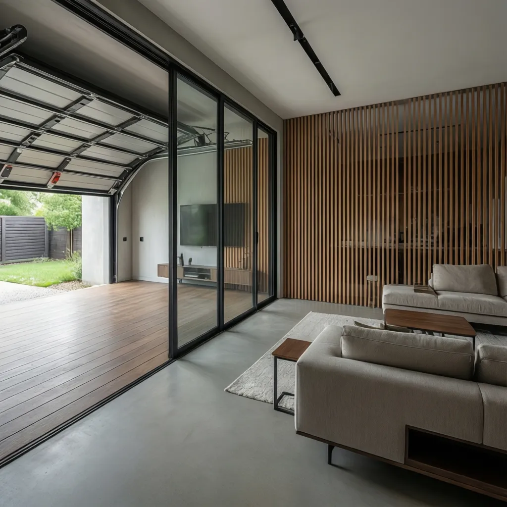 Modern living room with grey sofa glass sliding doors and wooden wall panel room layout