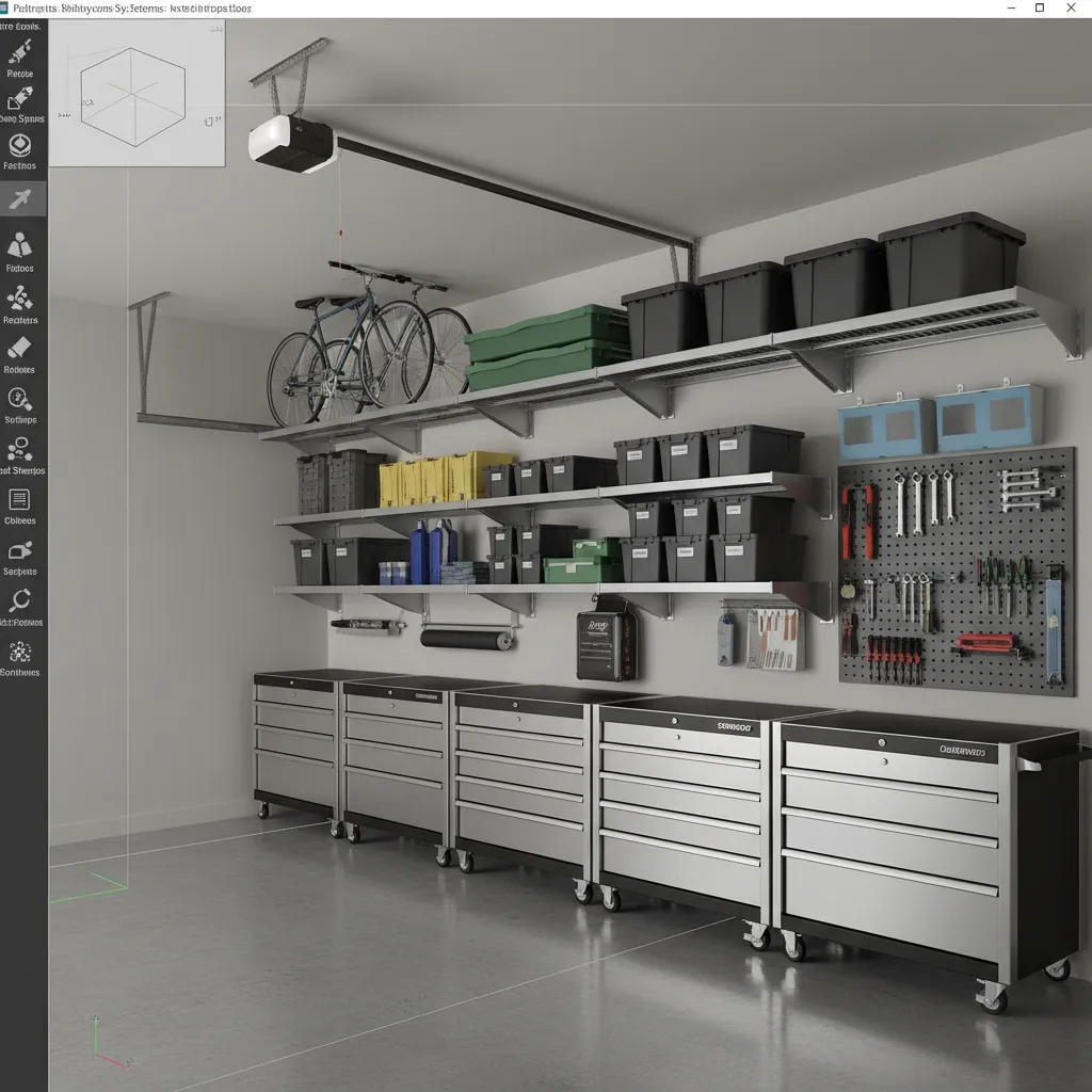 Digital garage storage planning with shelving and ceiling racks