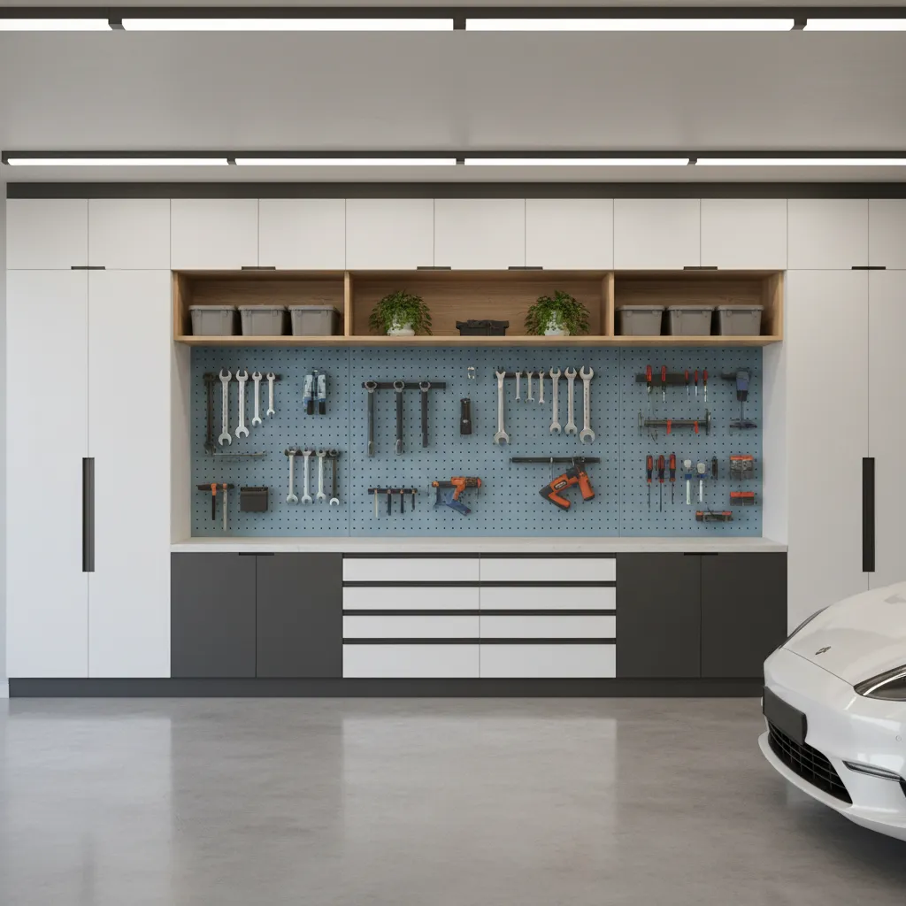 organized garage storage wall with cabinets shelves and tools planned with design software