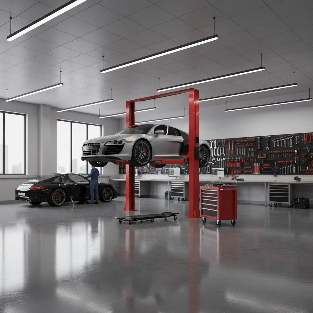 modern auto workshop interior with organized tools and epoxy floor