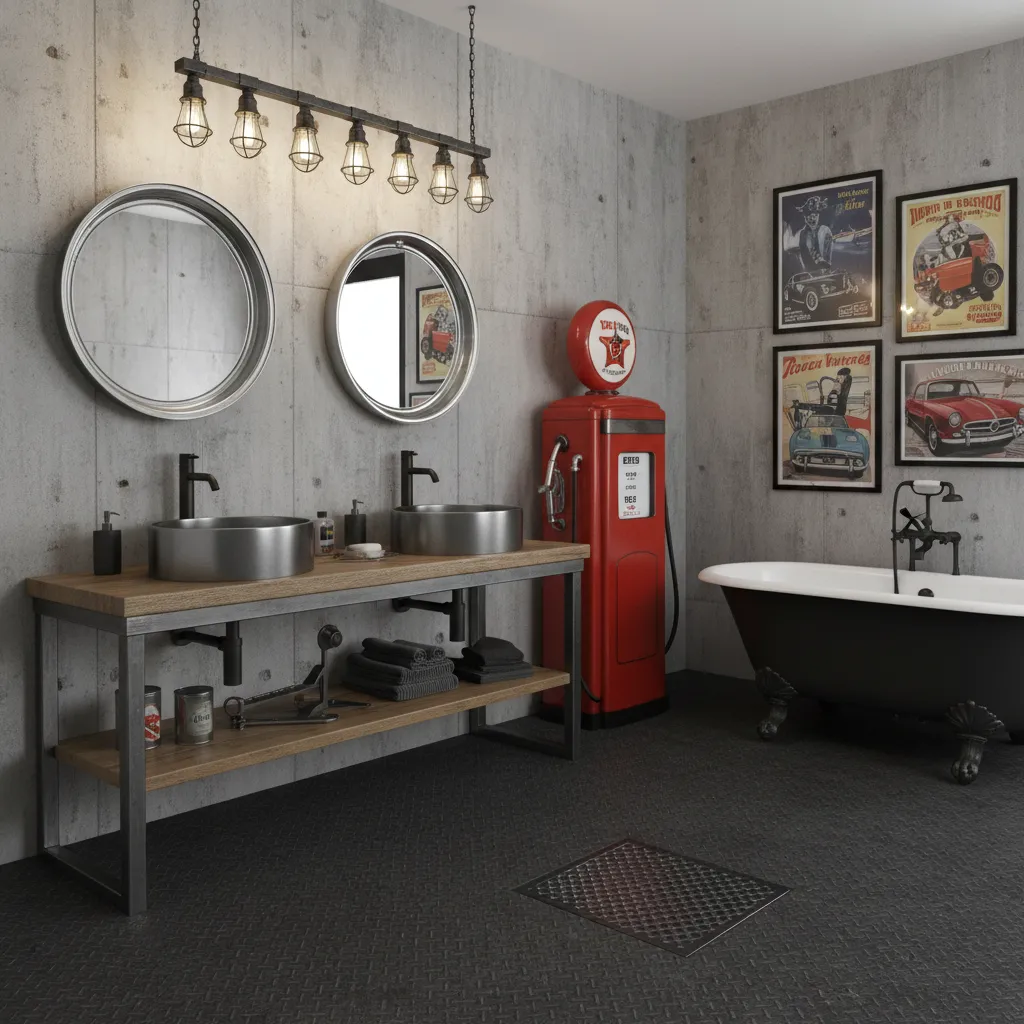 Garage style bathroom interior with automotive themed decor and industrial fixtures