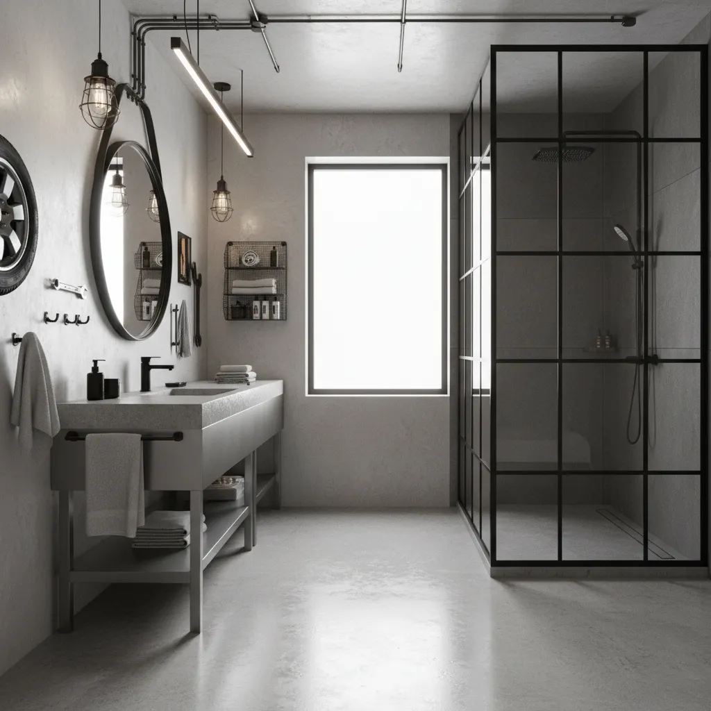 garage style bathroom layout visualization showing sink shower and industrial elements