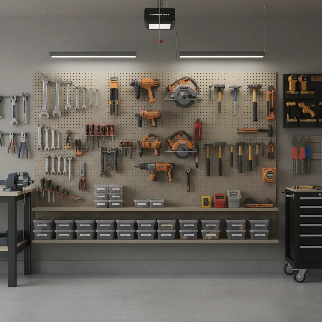 Garage tool organization wall with pegboards and hanging tools