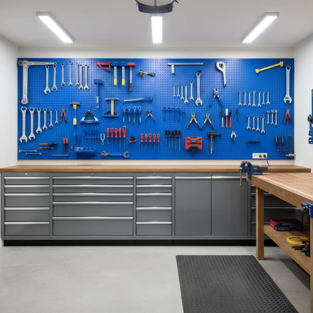 organized garage workshop tool wall with pegboard and cabinets
