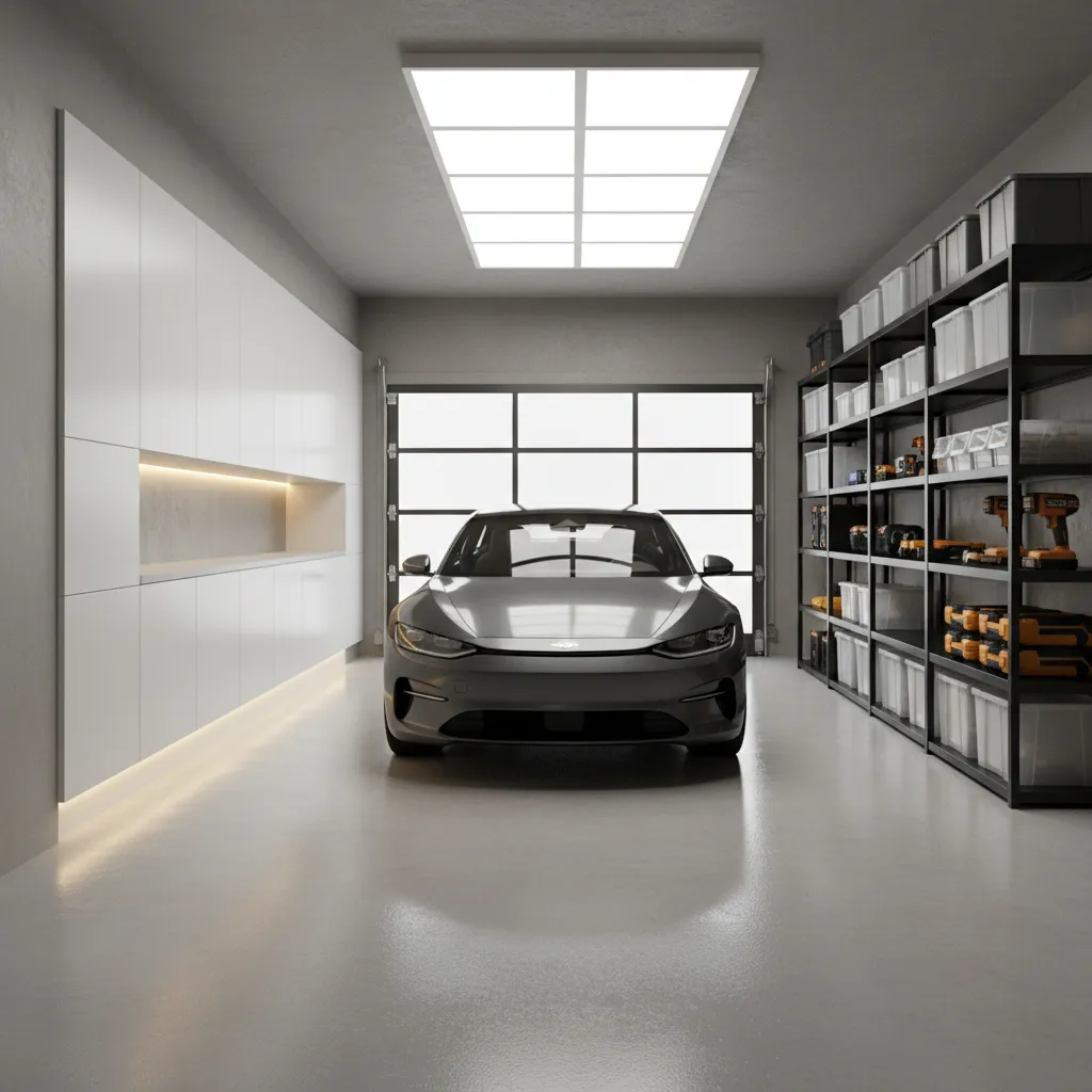 Clean modern garage with grey car white cabinets metal shelving and a bright ceiling light
