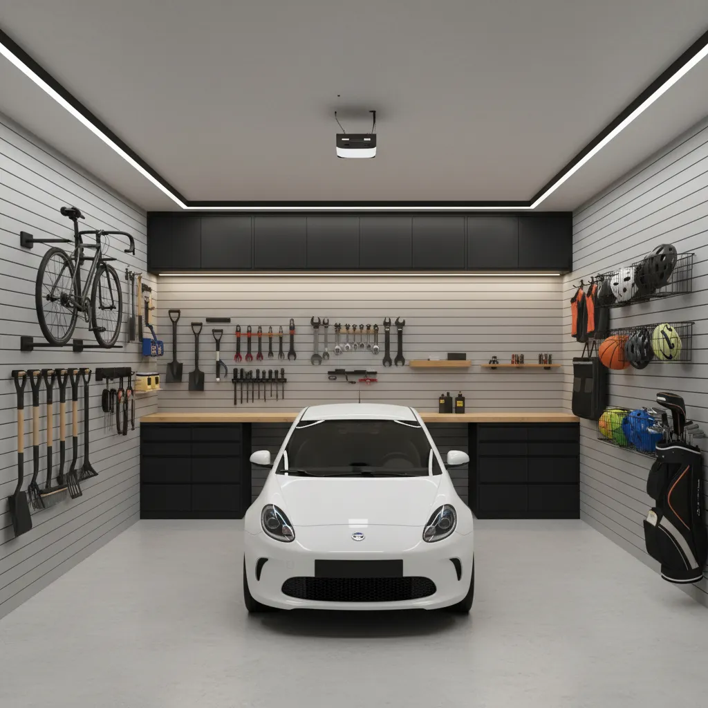 Vertical wall storage system with tools and bike racks in small garage