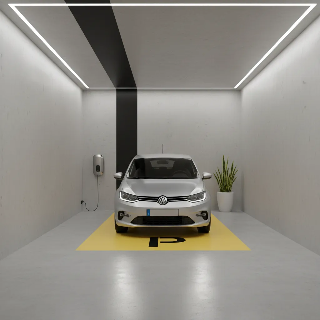 Garage wall with vertical alignment stripe guiding driver parking position