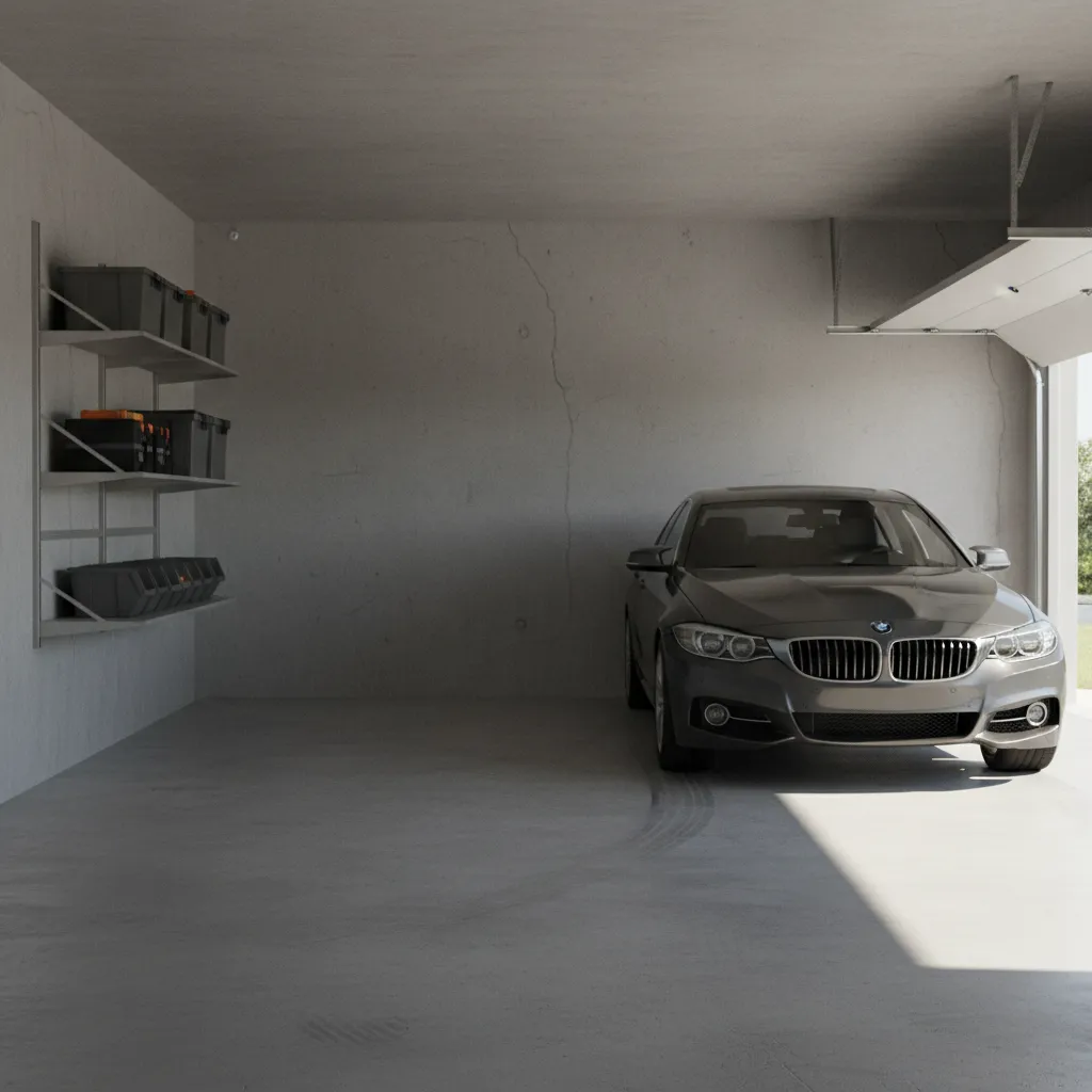 Concrete garage wall with visible crack damage near parked car